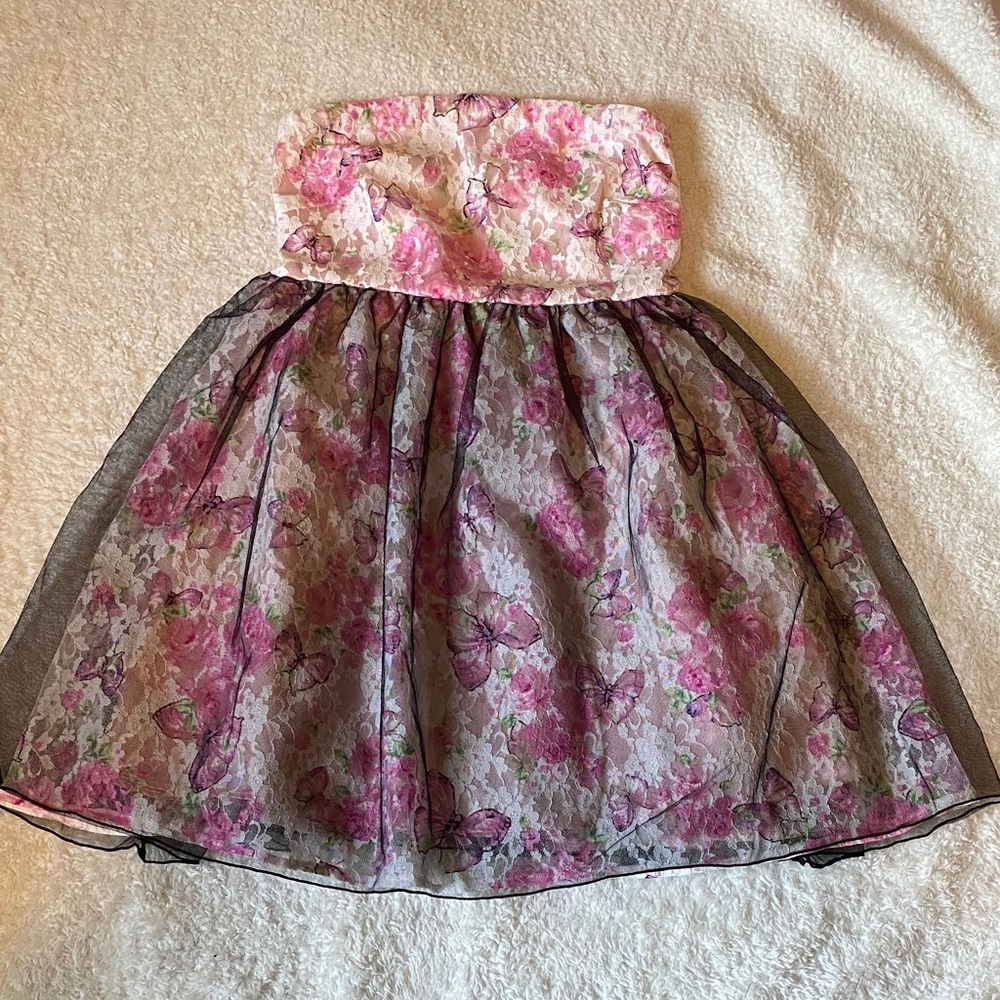 Mars Sugar Gloss Japanese Gyaru Floral Strapless Dress with Sheer Black Overlay